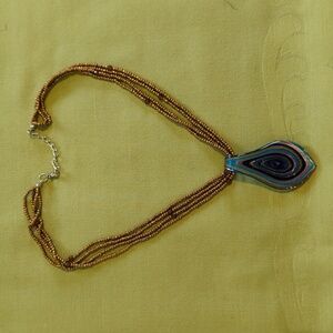Swirled Art Glass Pendant Multi-strand Seed Bead Necklace